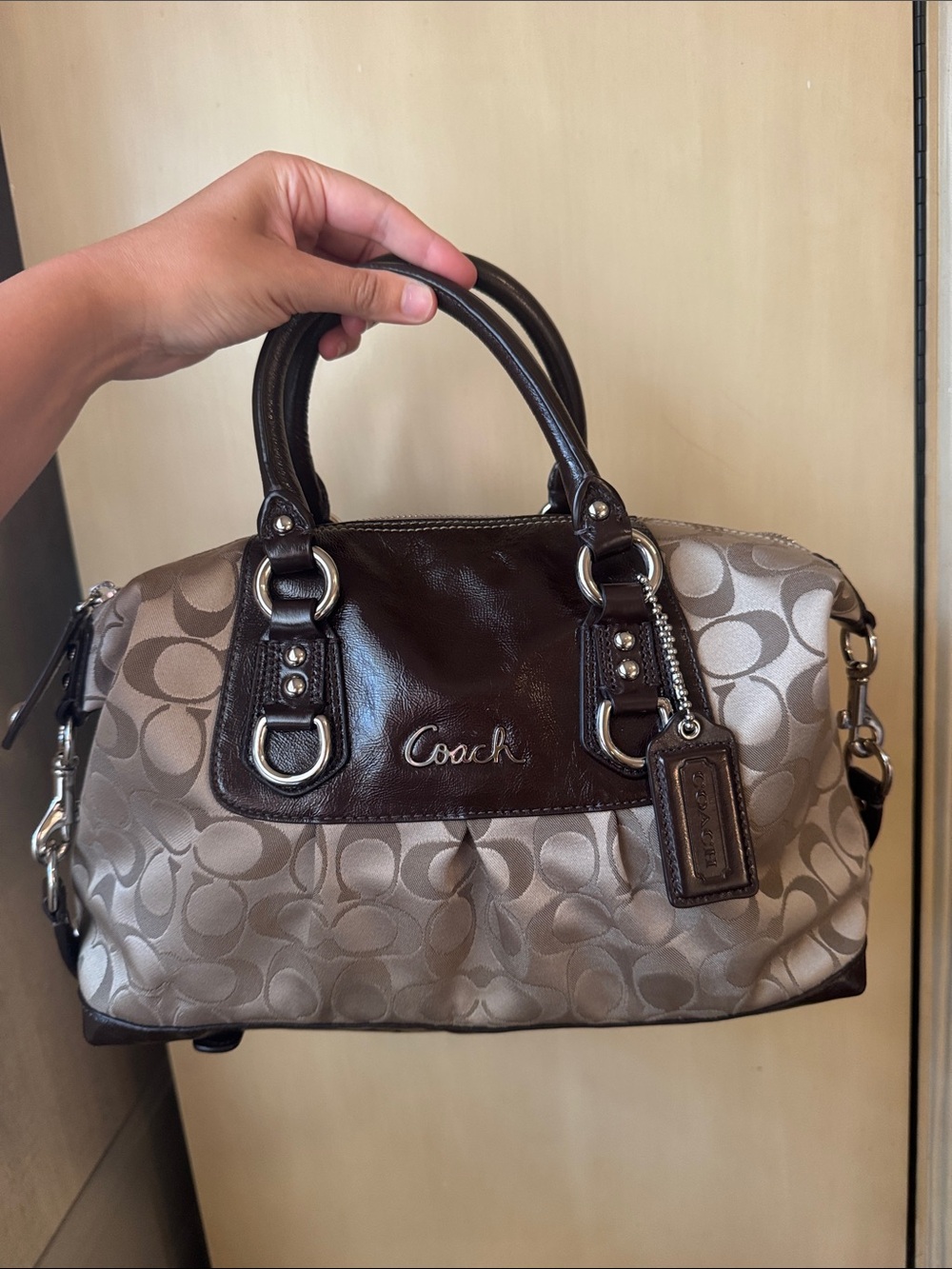 Coach Beige Signature Satchel with Dark Brown Leather